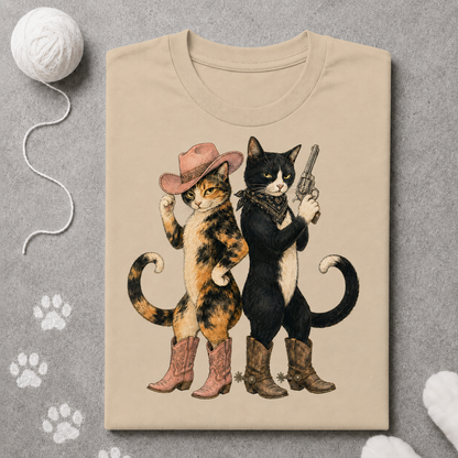 Beige t-shirt with cowboy cats design on a gray background