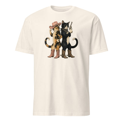 White t-shirt with a graphic of two cats in cowboy hats and boots holding guns on a white background