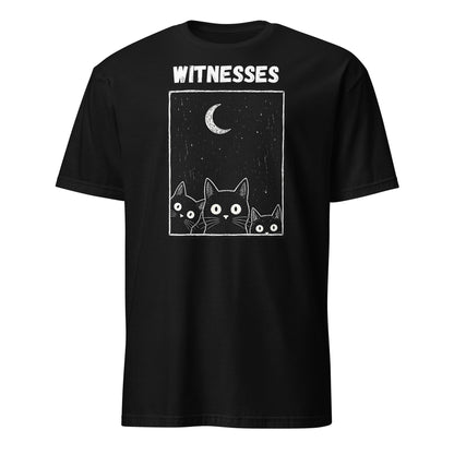 Black t-shirt with graphic of cats and 'WITNESSES' text on a white background
