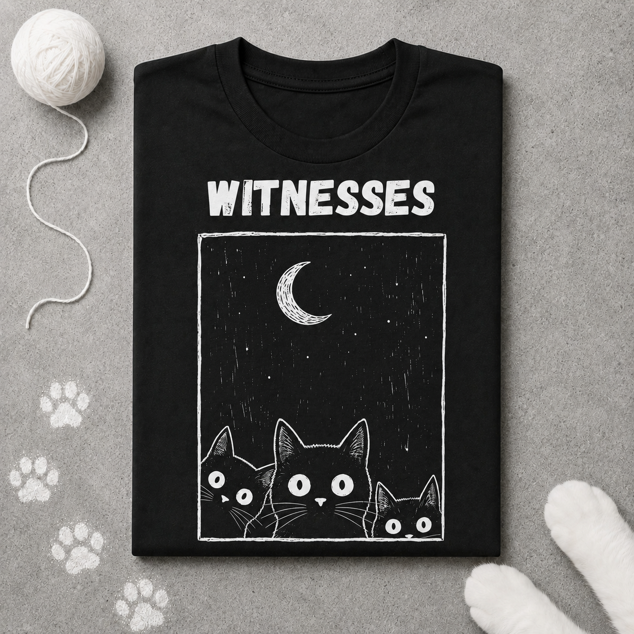 Black t-shirt with cat illustration and 'WITNESSES' text on a gray surface with paw prints.