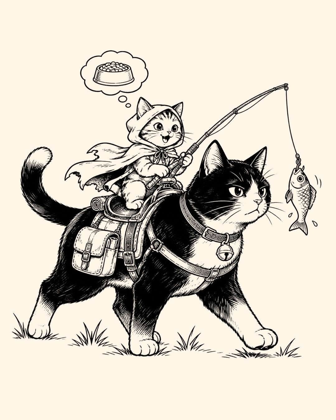 Illustration of a cat riding another cat while fishing, with a thought bubble above the smaller cat's head.