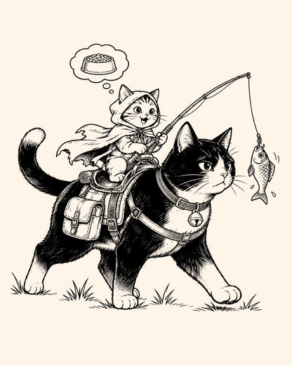 Illustration of a cat riding another cat while fishing, with a thought bubble above the smaller cat's head.