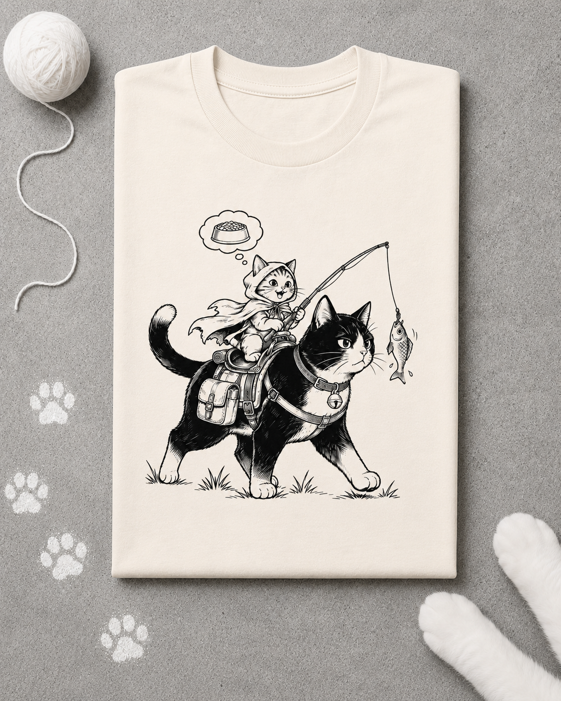 T-shirt with a black and white illustration of a cat riding another cat on a fish, displayed on a gray background with paw prints.