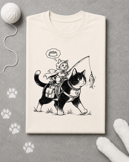 T-shirt with a black and white illustration of a cat riding another cat on a fish, displayed on a gray background with paw prints.
