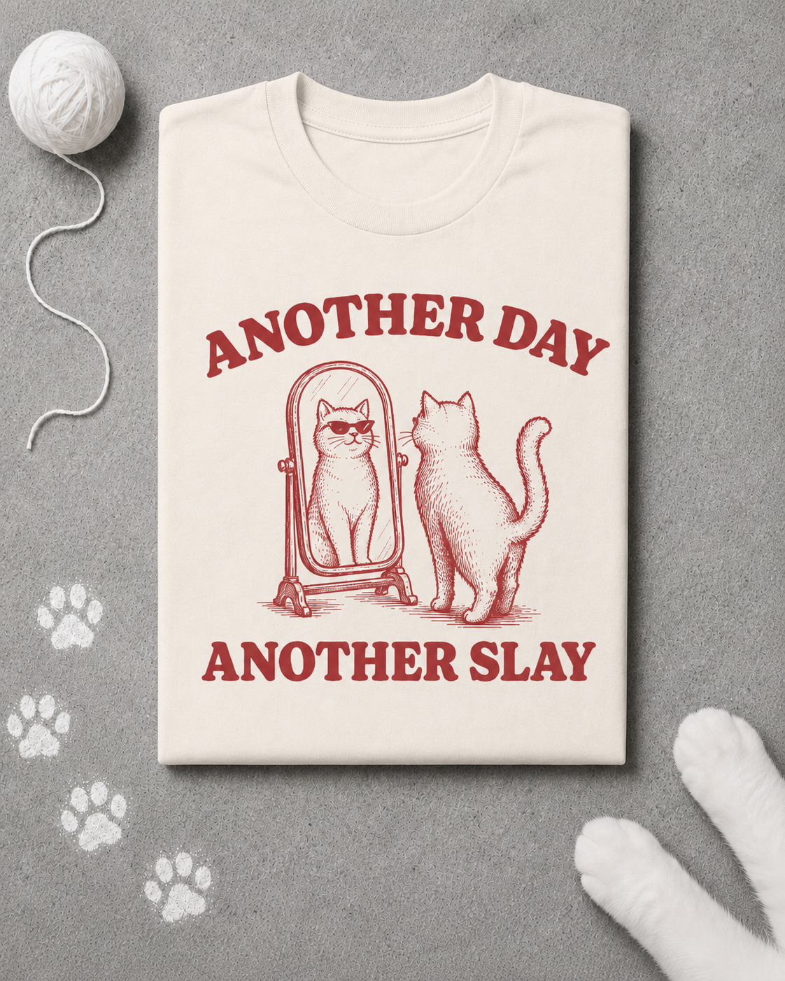 Beige t-shirt with red graphic and text 'Another Day Another Slay' on a gray background