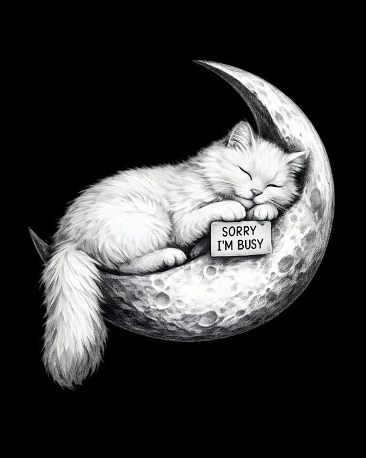 Cat sleeping on a moon with a 'Sorry I'm Busy' sign, black background
