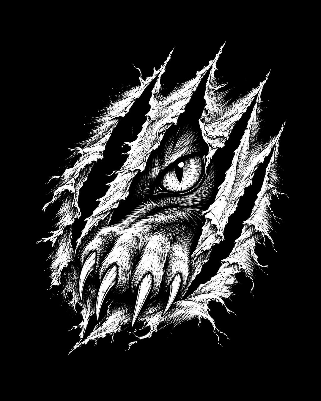 Black and white illustration of a clawed paw and eye peering through torn paper on a black background