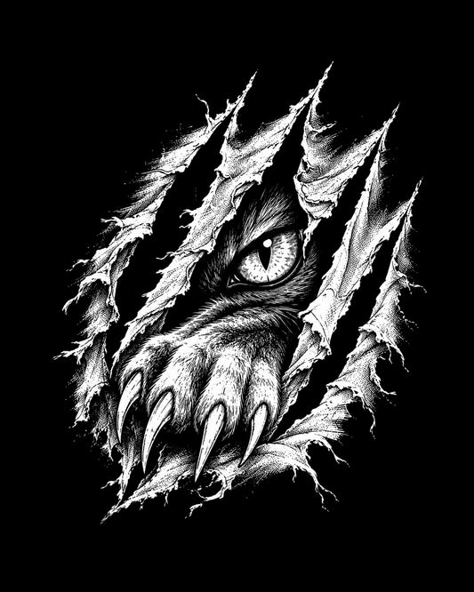 Black and white illustration of a clawed paw and eye peering through torn paper on a black background