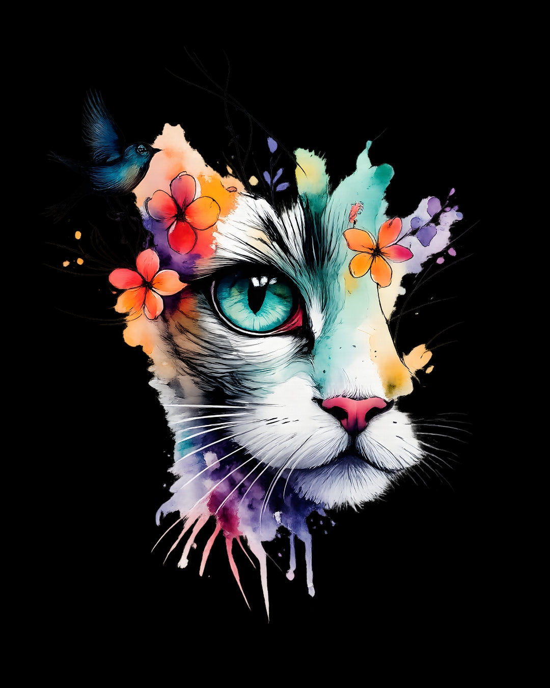 Colorful illustration of a cat's face with flowers on a black background