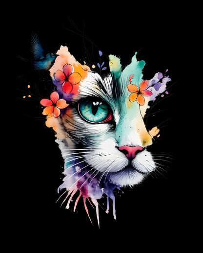 Colorful illustration of a cat's face with flowers on a black background