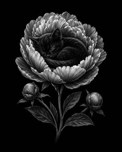 Black and white illustration of a cat sleeping in a flower with leaves and buds on a black background