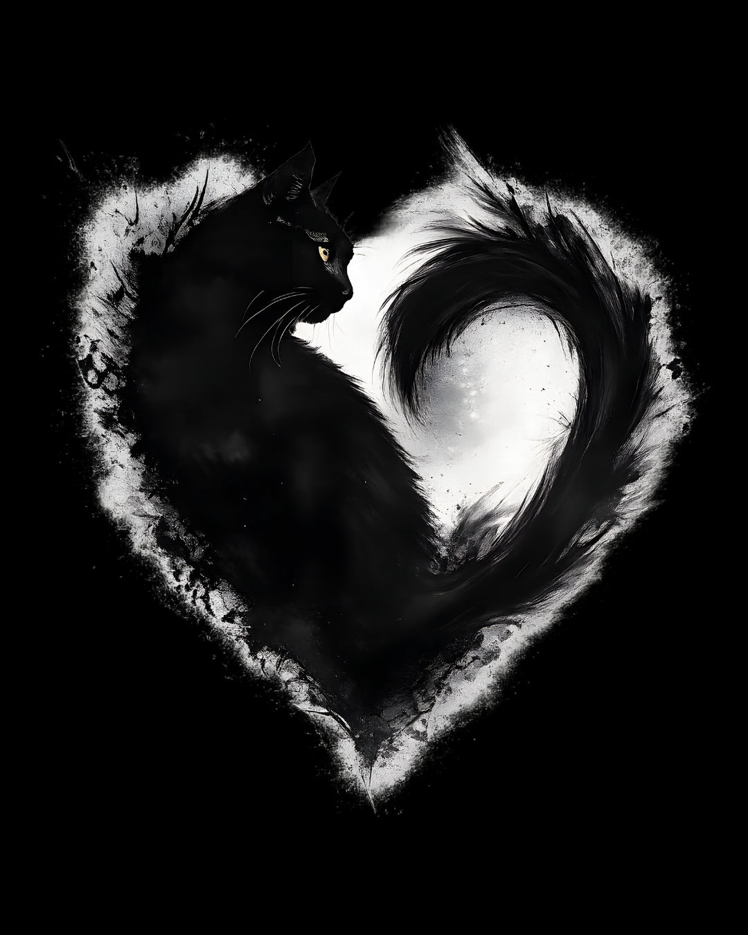 Black and white cat design inside a heart shape on a black background