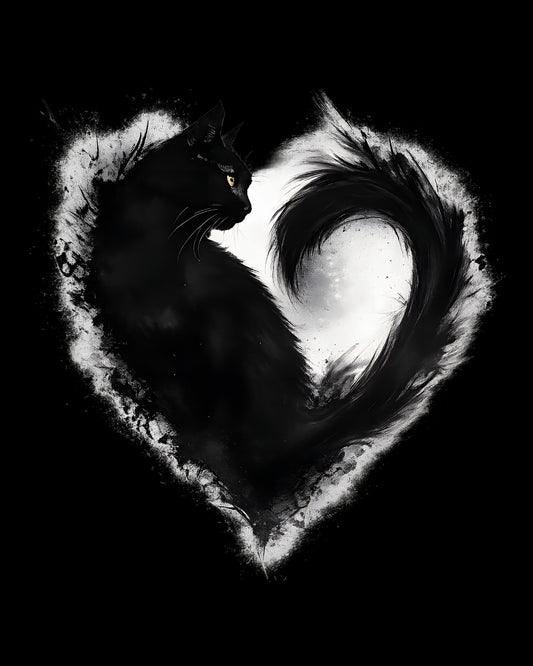 Black and white cat design inside a heart shape on a black background