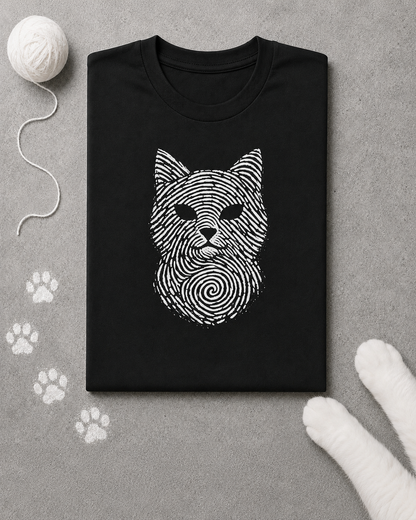 Black t-shirt with a white cat design on a gray surface with paw prints.