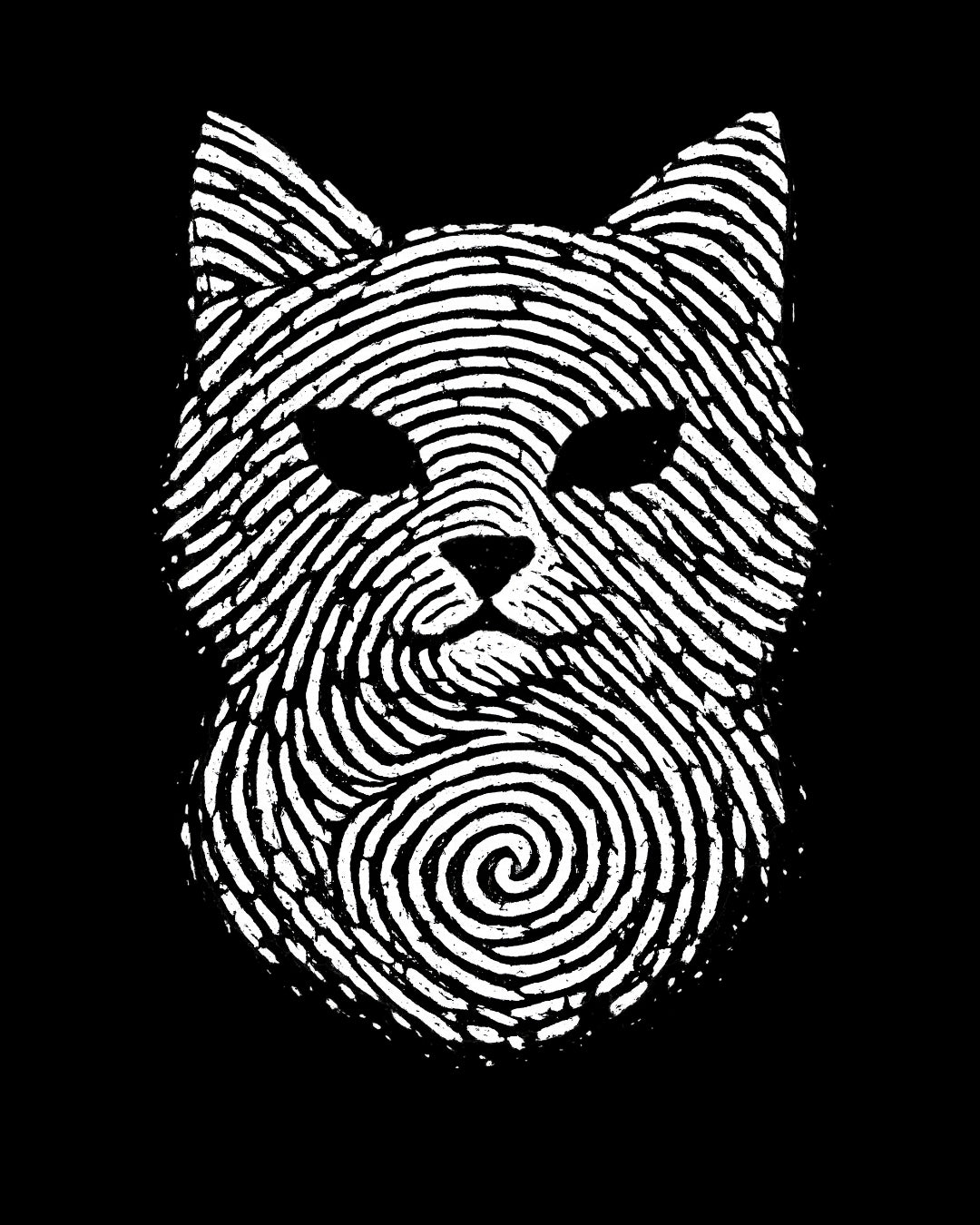 Black and white abstract design of a cat's face on a black background