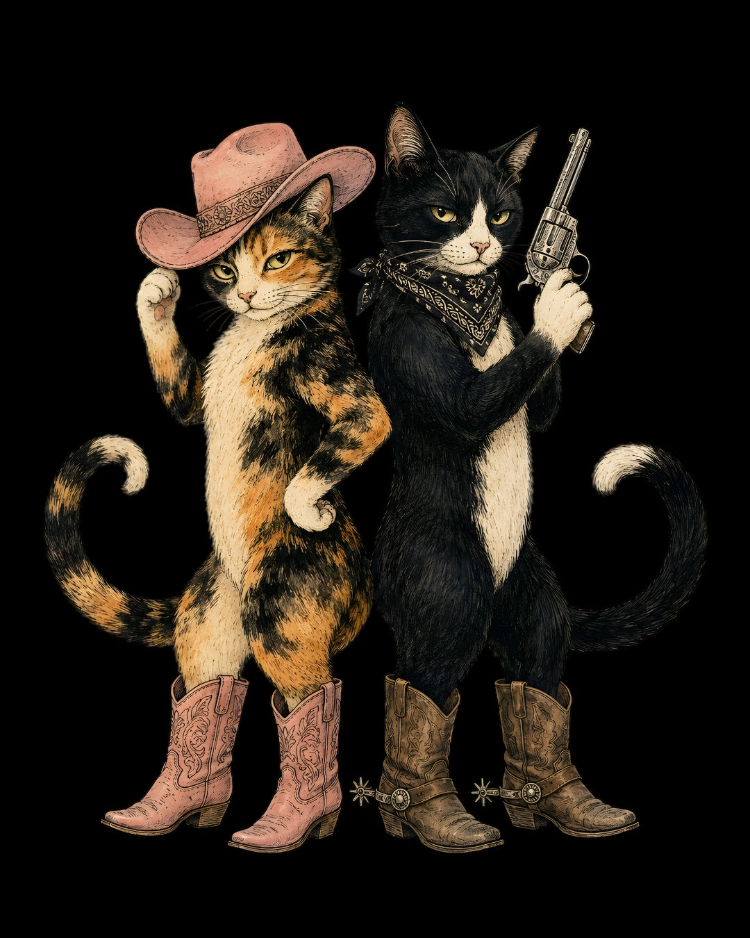 Two cats dressed in cowboy and bandit costumes with a gun on a black background