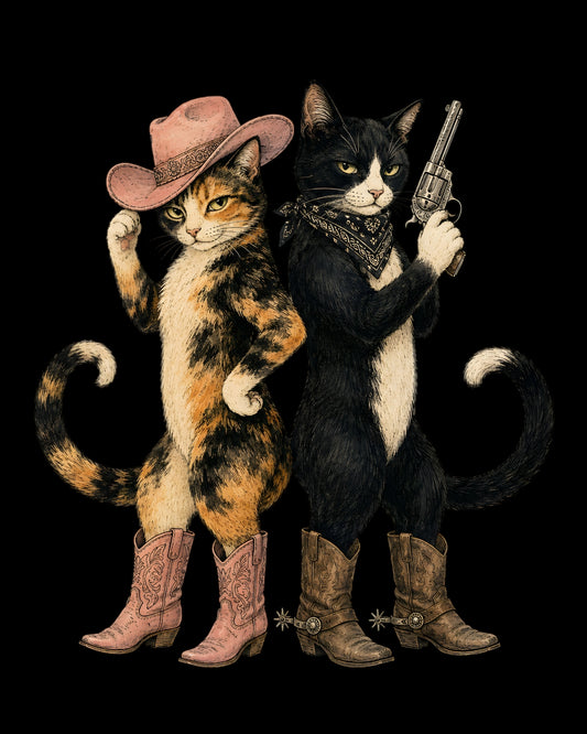 Two cats dressed in cowboy and bandit costumes with a gun on a black background