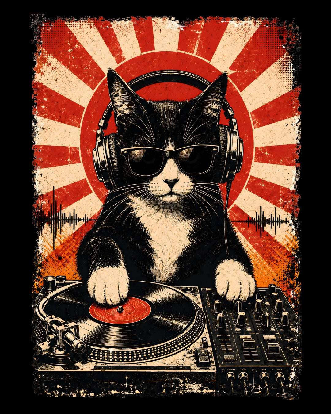 Cat with headphones and sunglasses on a DJ turntable with a red and orange sunburst background