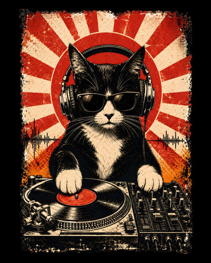Cat with headphones and sunglasses on a DJ turntable with a red and orange sunburst background