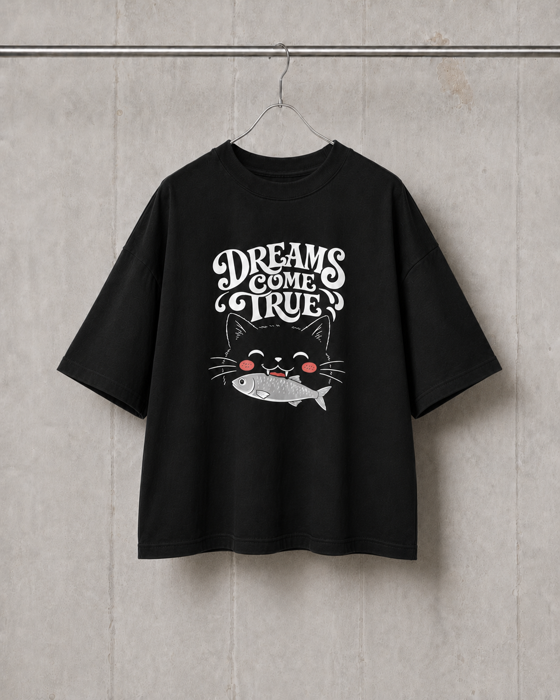 Black t-shirt with a graphic design and text on a textured wall background