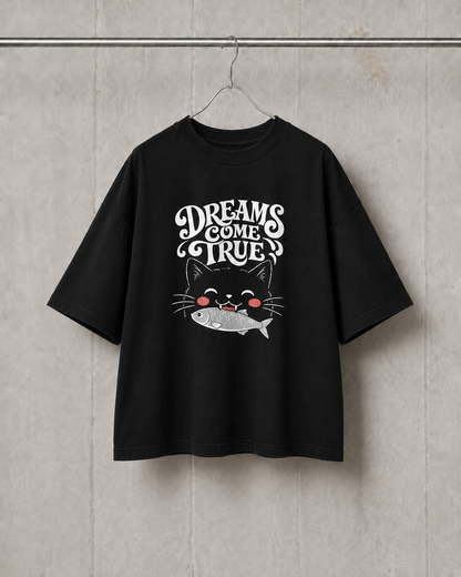 Black t-shirt with a graphic design and text on a textured wall background