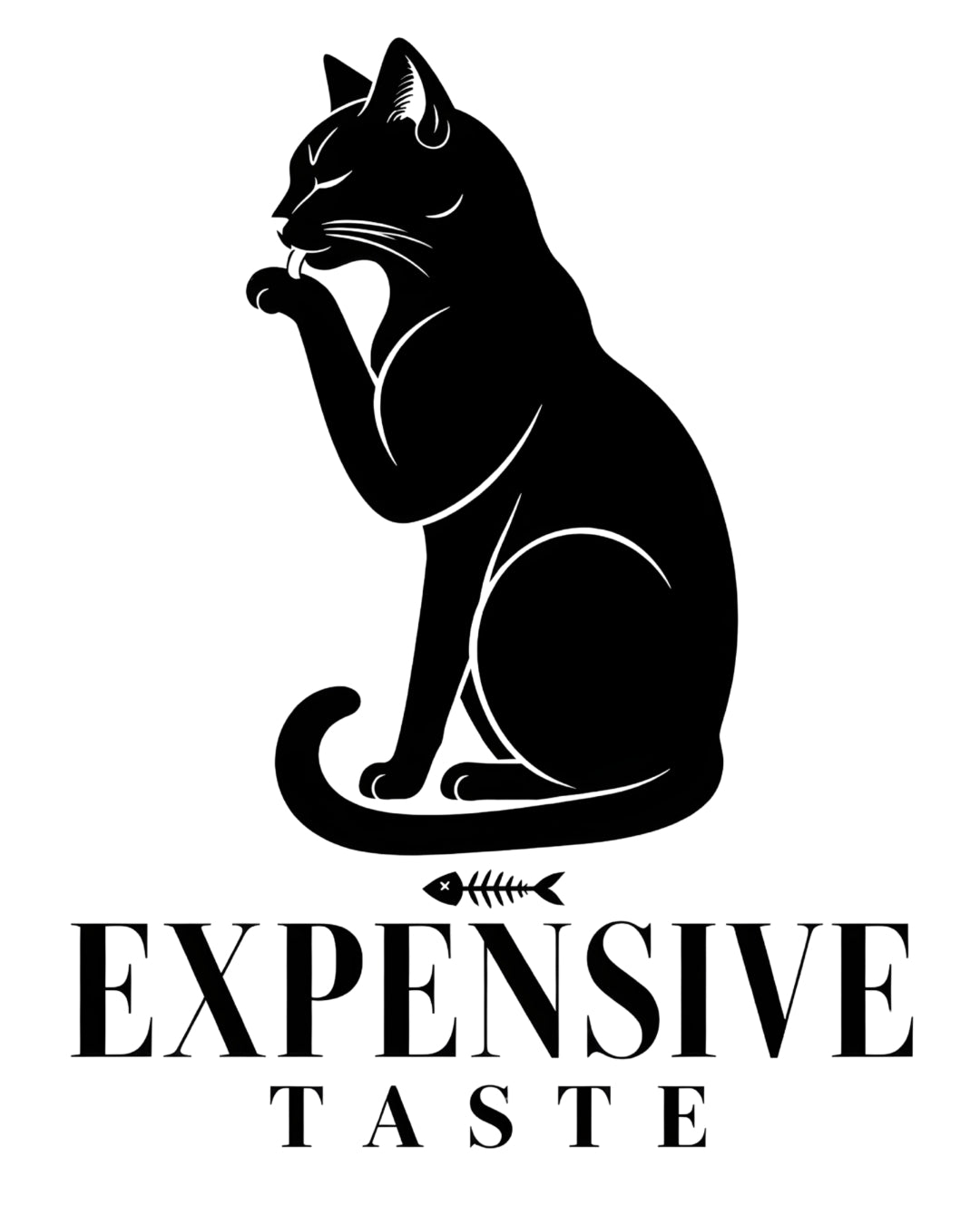 Black silhouette of a cat with 'Expensive Taste' text on a white background