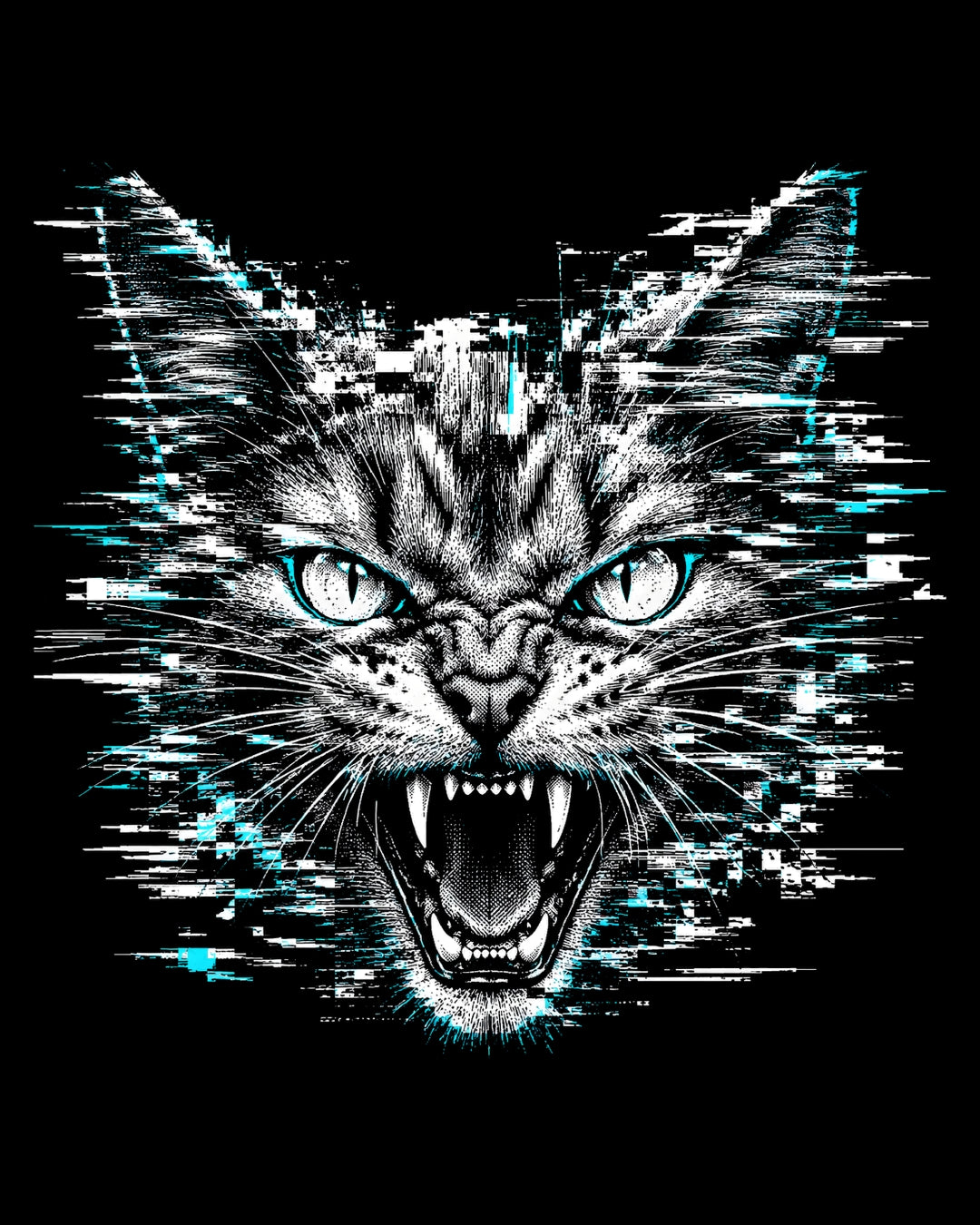 Fierce cat face with digital glitch effect on a black background