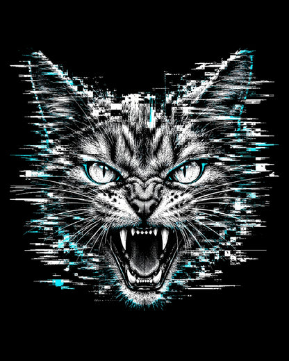 Fierce cat face with digital glitch effect on a black background