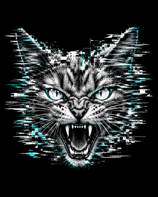 Fierce cat face with digital glitch effect on a black background