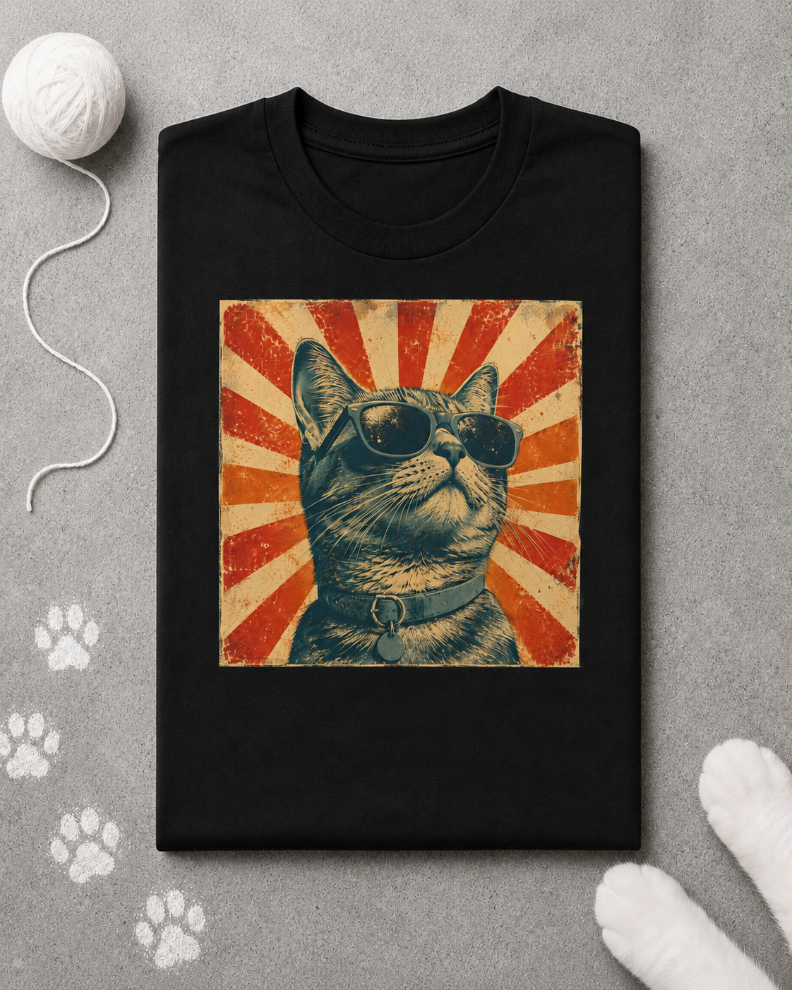 Black t-shirt with a cat graphic on a gray surface with paw prints.