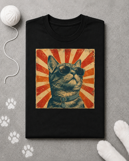 Black t-shirt with a cat graphic on a gray surface with paw prints.