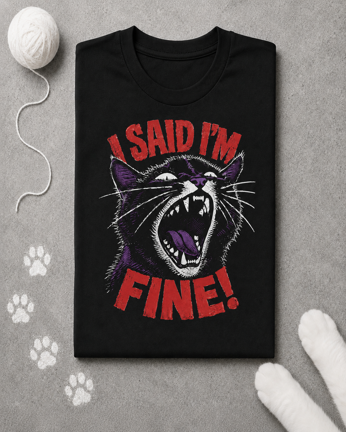 Black t-shirt with a graphic of a cat and 'I said I'm fine!' text on a gray background.