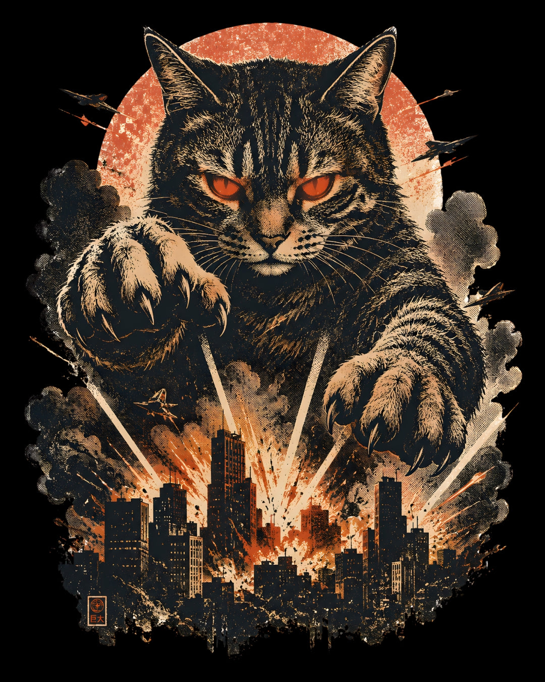 Cat with red eyes holding a laser pointer over a cityscape with an explosion.
