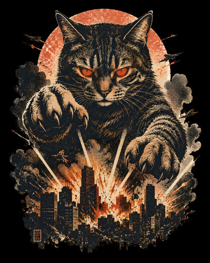 Cat with red eyes holding a laser pointer over a cityscape with an explosion.