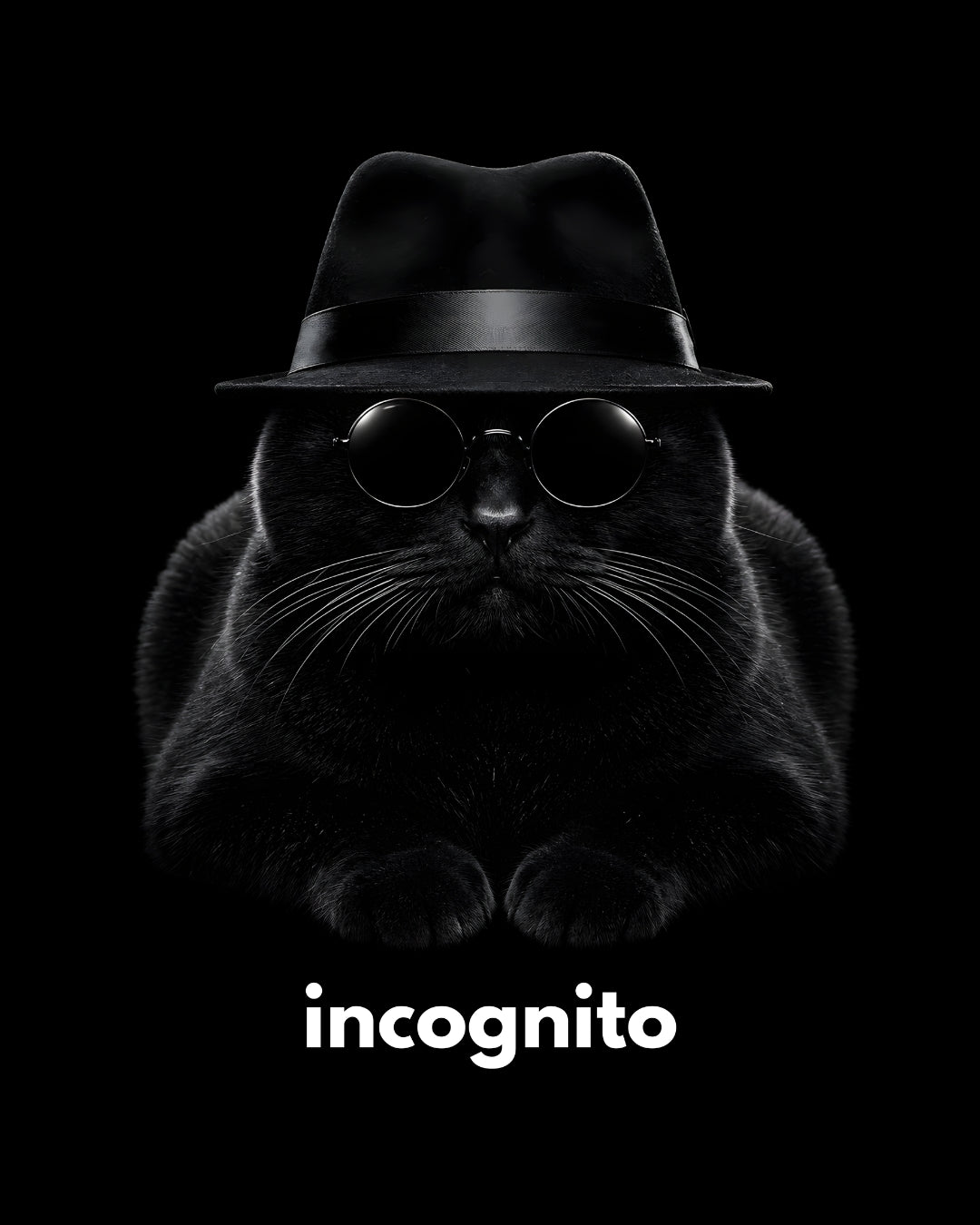 Cat wearing a black hat and round glasses with 'incognito' text on a black background