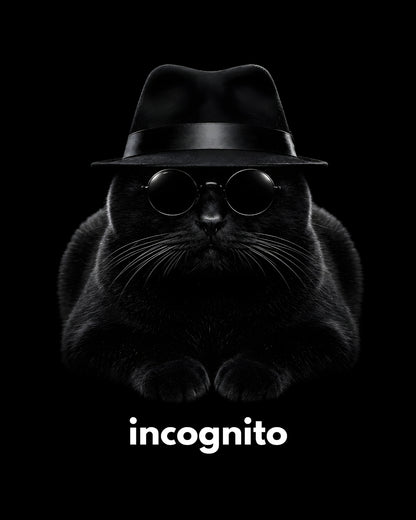 Cat wearing a black hat and round glasses with 'incognito' text on a black background