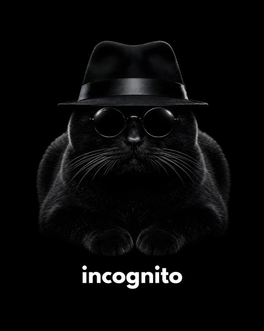 Cat wearing a black hat and round glasses with 'incognito' text on a black background