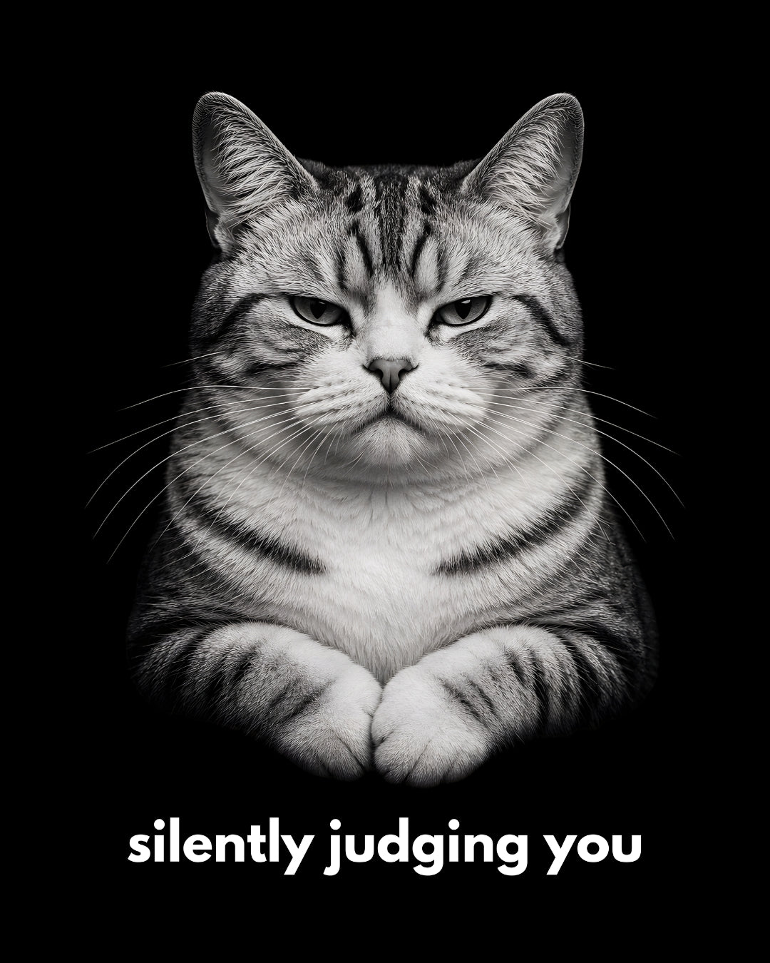 Cat with a judgmental expression on a black background with text 'silently judging you'.