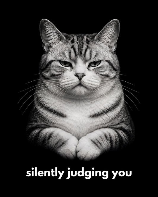 Cat with a judgmental expression on a black background with text 'silently judging you'.