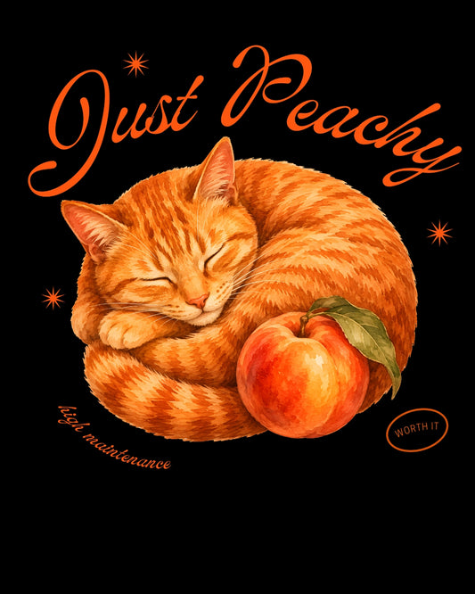 Sleeping orange tabby cat with a peach on a black background with 'Just Peachy' text.