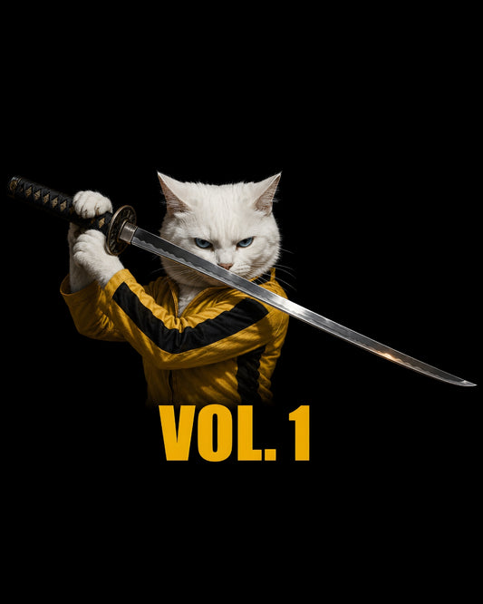 White cat in a yellow outfit holding a sword with 'VOL. 1' text on a black background