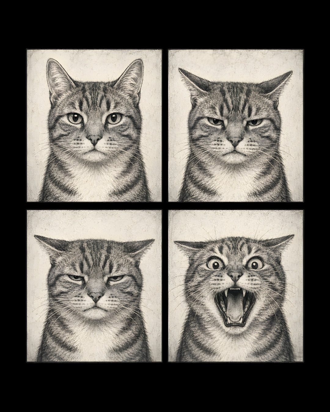Four expressions of a tabby cat in a grid layout on a white background.