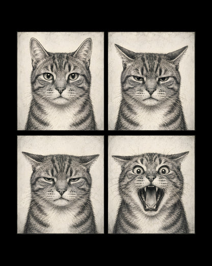 Four expressions of a tabby cat in a grid layout on a white background.