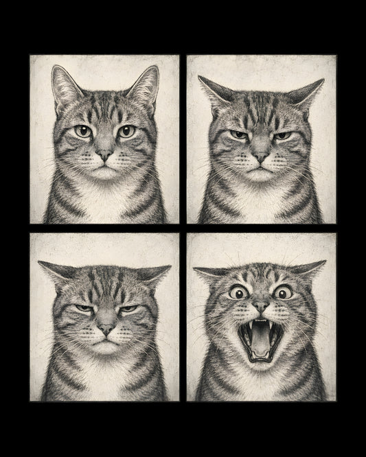 Four expressions of a tabby cat in a grid layout on a white background.