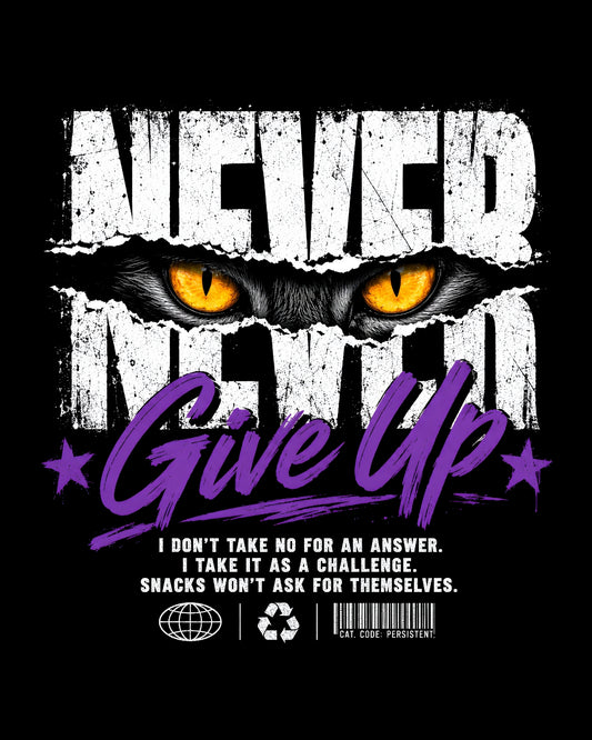 Motivational graphic with a cat's face and 'Never Give Up' text on a black background