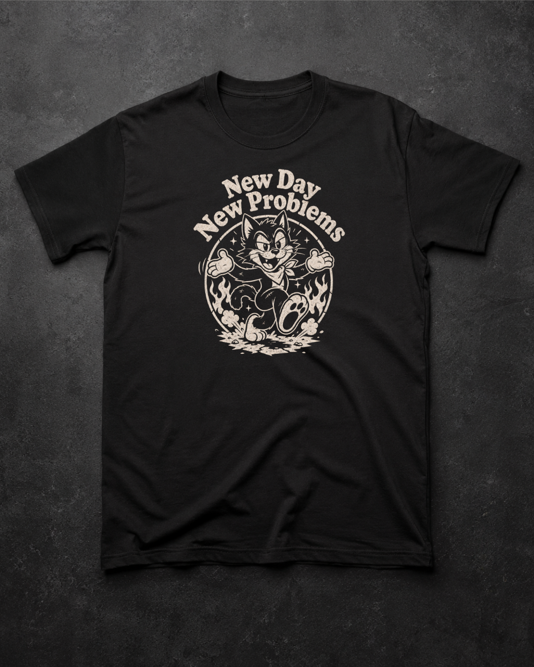 A black short-sleeve t-shirt with a distressed off-white graphic on the chest featuring the text 'New Day New Problems' and a cartoon character, laid flat on a dark textured background.