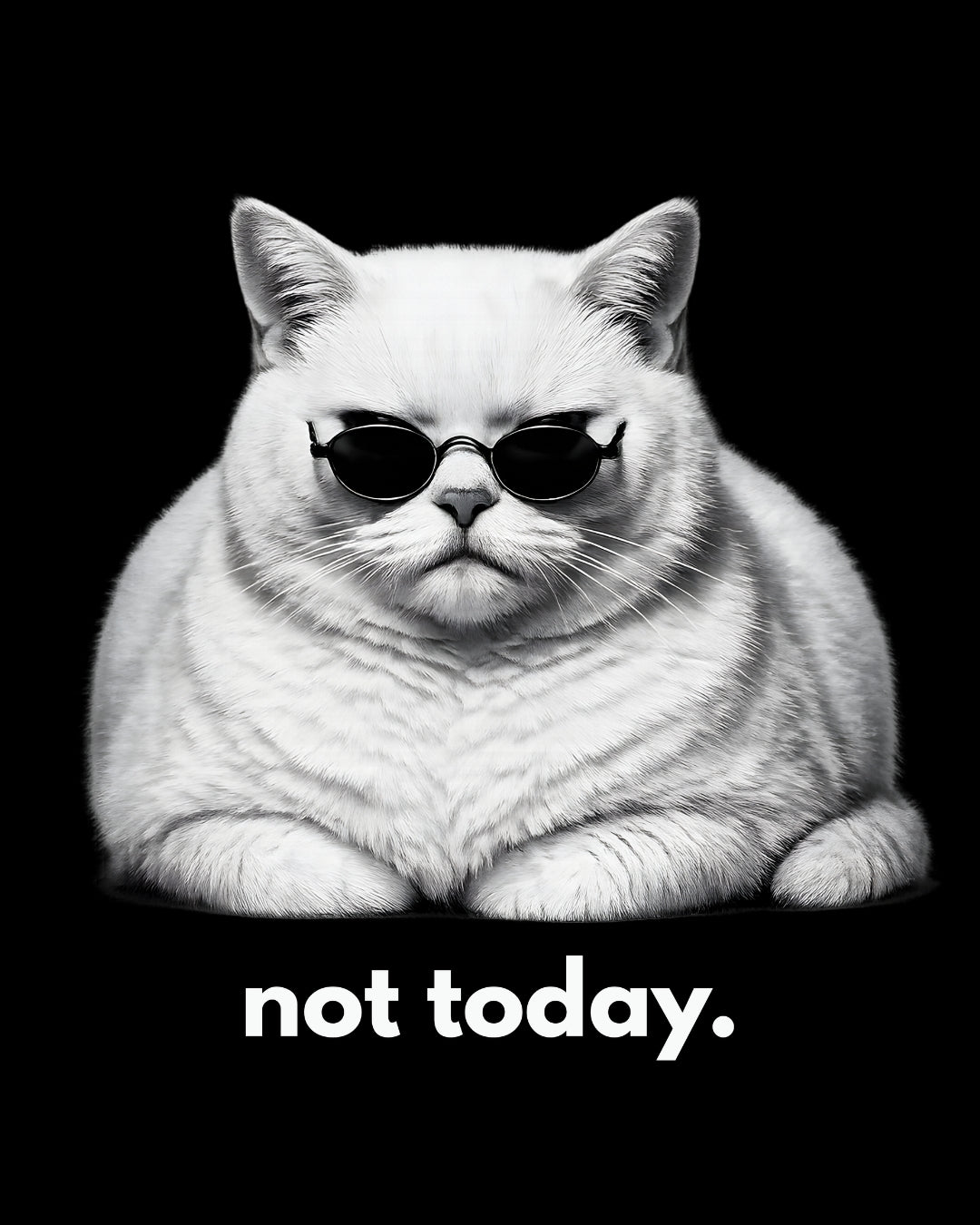 Cat wearing sunglasses with 'not today' text on a black background