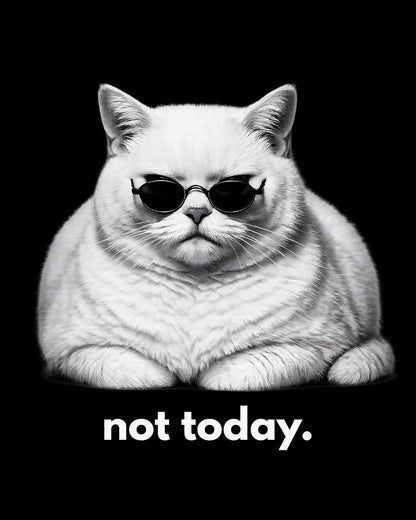 Cat wearing sunglasses with 'not today' text on a black background
