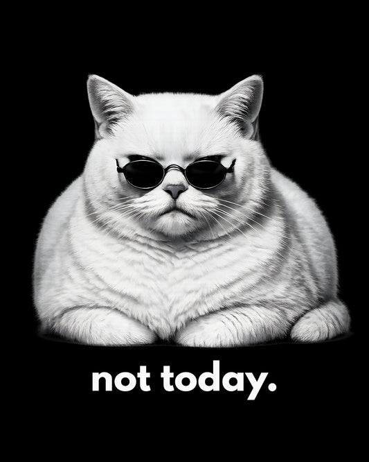 Cat wearing sunglasses with 'not today' text on a black background
