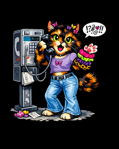 Cartoon cat at a payphone with a cake, on a black background